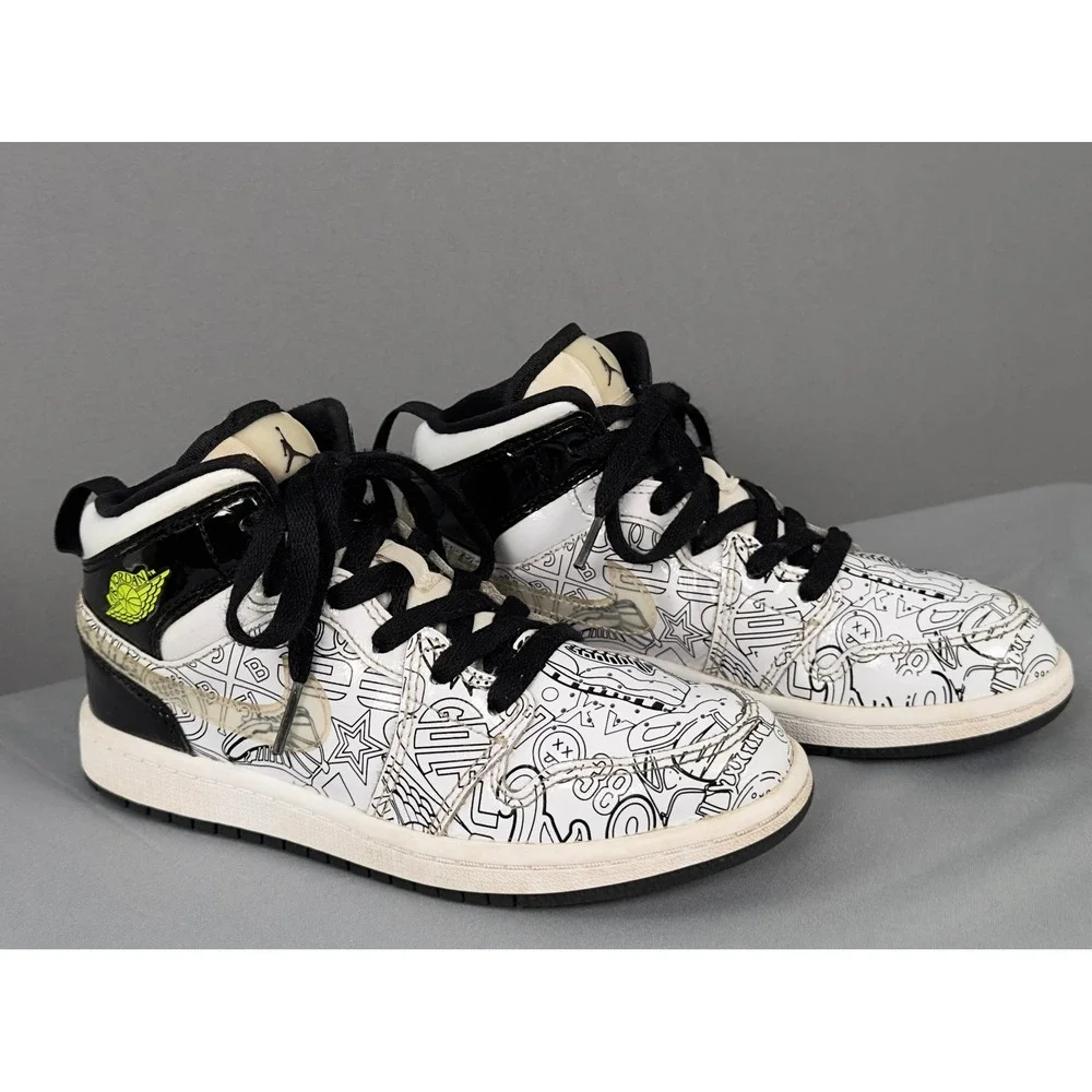 Jordan 1 Mid DIY Kids Shoes Black White Volt DC4098-100 Size 1Y